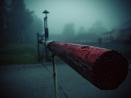 mysterious horror Red closed barrier with shadowsの写真素材