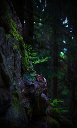 Close-up of a green fern in a dark forestの写真素材