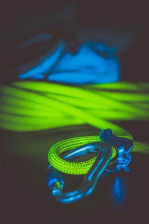 climbing background equipment - carabiner without scratches, ropeの写真素材