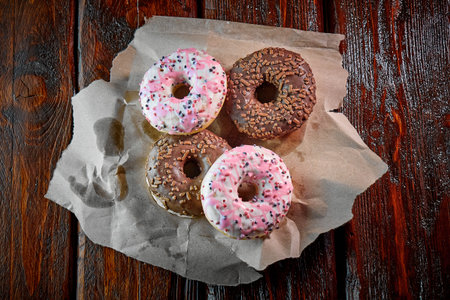 the sweet fried donuts on wooden table, top viewの写真素材