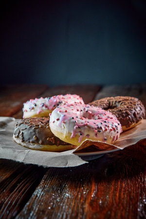 sweet fried donut with topping laid on a rustical wooden tableの写真素材