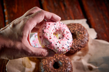 close-up of a sugar sweet donut in a human hand, blurred wood backgroundの写真素材