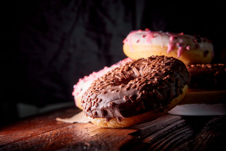 the donuts placed on a wooden table close upの写真素材