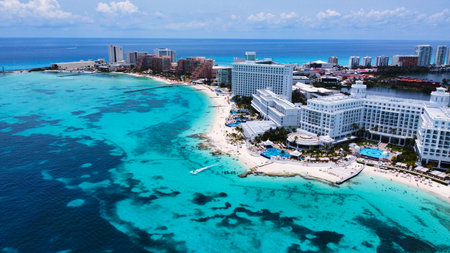 An aerial shot of hotel zone in Cancun, Mexicoの写真素材