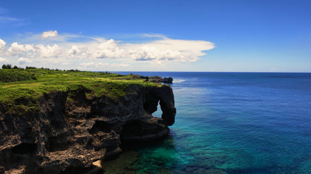 A beautiful scenery of Manzamo cliff in Okinawa, Japanの写真素材