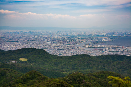 Panorama aerial view of Kobe and Osaka City in Mount Rokko, Kobe, Japan.の写真素材