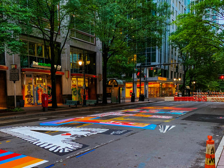 Charlotte NC/USA-June 16 2020: Artistic Characters Black Lives Matter Applied on S Tyron Street in Charlotte, the second-rate best financial district in the United States.のeditorial素材