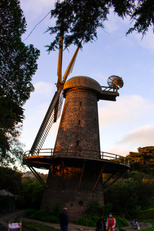 Dutch windmill in San Francisco at sunset.