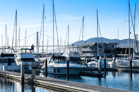 SAN FRANCISCO, CALIFORNIA,USA-Oct 13 2020 : Marina Yacht Harbor in San Francisco. The view in the distance is the Golden Gate Bridge.のeditorial素材