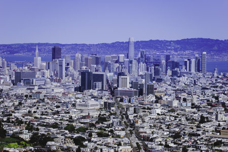 San Francisco California, USA. March 21, 2021: View of San Francisco city from Twin Peaks which has a Great View of San Francisco and the Bay Area.のeditorial素材