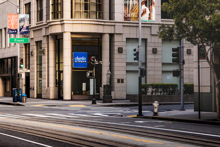 San Francisco , CA , USA.  April 02 2023  : Exterior of Charles Schwab from the street at morning ...