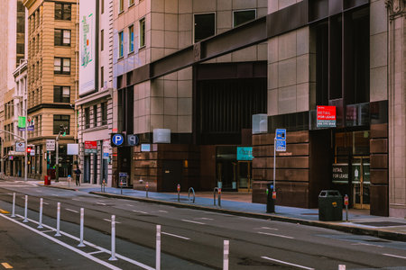 San Francisco,CA,USA. April 02 2023 : Signboards recruiting rental offices stand out San Francisco's financial district.のeditorial素材