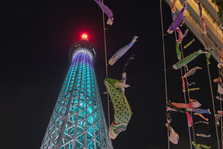 Tokyo,Japan.  May 06, 2023 : Tokyo Skytree with, colorful carp streamers, a traditional Japanese...
