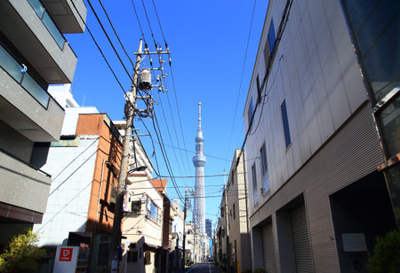 Tokyo residential street with Tokyo Skytreeの写真素材