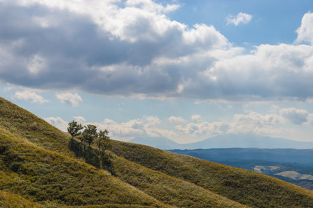 Carpathian mountains under blue sky with white cloudsの写真素材