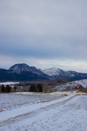 Beautiful winter landscape with snow-capped mountains in the backgroundの写真素材