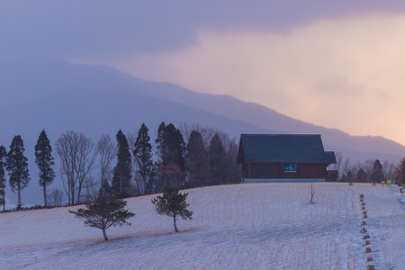 Landscape view of snow mountain in winter season at Oita, Japan.の写真素材