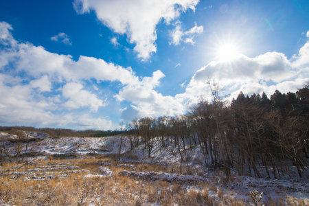 Winter landscape with snow covered trees and blue sky with white clouds.の写真素材