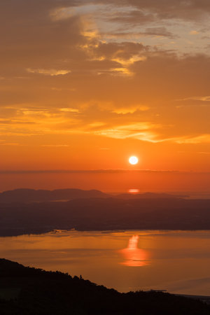 Sunrise over Beppu City, Oita Prefecture, Japanの写真素材