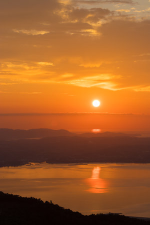 Sunrise over Beppu City, Oita Prefecture, Japanの写真素材
