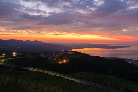 Sunrise over Beppu City, Oita Prefecture, Japanの写真素材