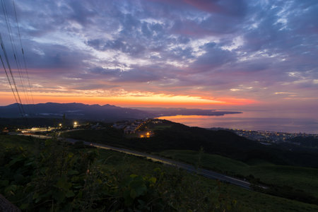 Sunrise over Beppu City, Oita Prefecture, Japanの写真素材