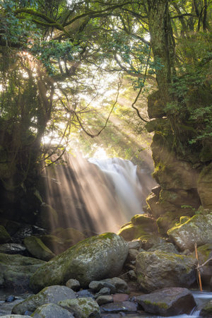 Waterfall and rays of lightの写真素材