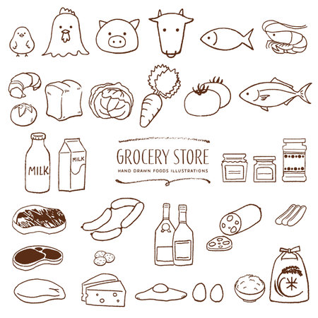 Hand-drawn illustrations of foods at the supermarketのイラスト素材