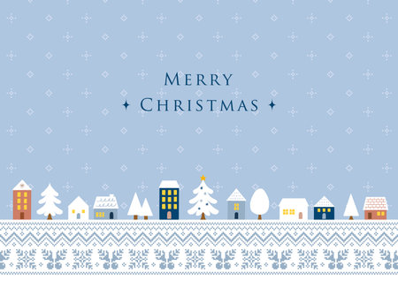 Illustration of a Christmas cityscape with a blue gray Nordic pattern backgroundのイラスト素材
