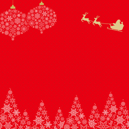 Forest & Ornament frame made of snowflakes / with Santa Claus / Red backgroundのイラスト素材
