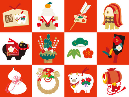 Set of lucky charm illustrations for the year 2021 / checked pattern backgroundのイラスト素材
