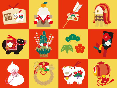 Set of lucky charm illustrations for the year 2021 / checked pattern backgroundのイラスト素材