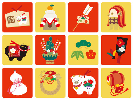 Set of Lucky Charm Illustrations for the Year 2021 / Card Shaped Backgroundのイラスト素材