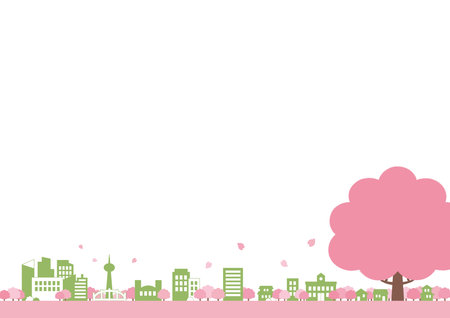 Spring background illustration of cherry blossoms and cityscapeのイラスト素材