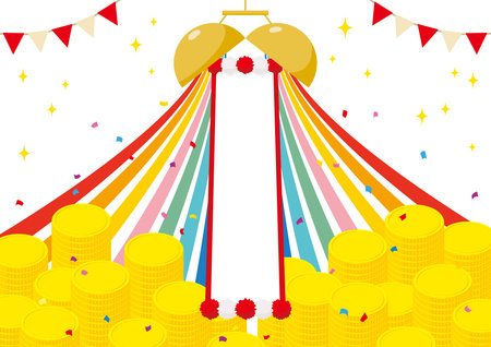 A Kusudama with colorful ribbons and a congratulatory banner. Stacked coins. 
The kusudama is a paper ball that looks like a piÃ±ata, and when you open it, confetti and drapes come out.のイラスト素材