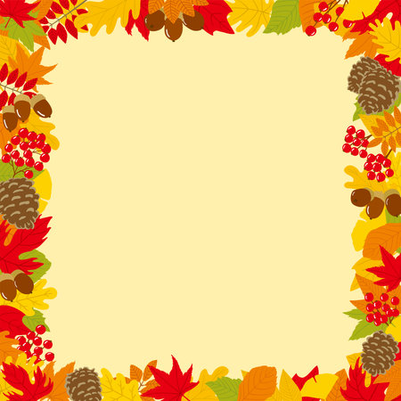 Hand-painted frame made of autumn leaves and nuts.のイラスト素材