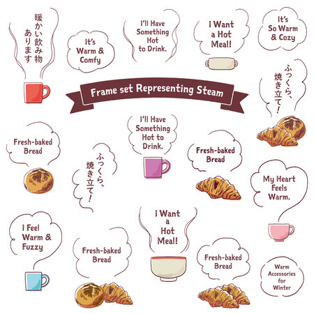 Frame set Representing Steam. Translation: âWarm drinks Available. Plump, Freshly baked!âのイラスト素材