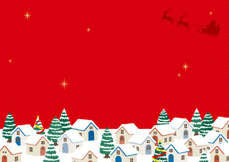 Hand-drawn illustration of a snowy Christmas cityscape. Red Herringbone pattern background.のイラスト素材