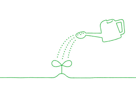 Hand-drawn line illustration of sprout and watering can.のイラスト素材