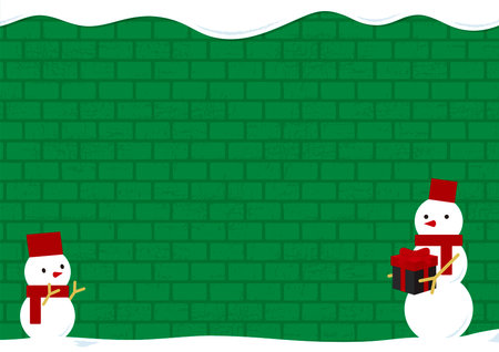 Winter illustration of brick wall with snow on top and snowman. The brick wall is registered as a pattern on the vector data. christmas. December.のイラスト素材