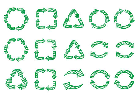 Illustration set of recycling symbols drawn with brush and India ink.のイラスト素材