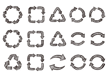 Illustration set of recycling symbols drawn with brush and India ink.のイラスト素材
