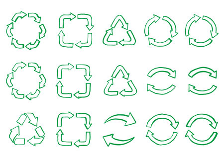 Illustration set of recycling symbols drawn with brush and India ink.のイラスト素材
