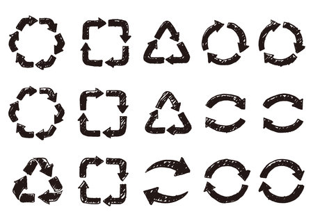 Illustration set of recycling symbols drawn with brush and India ink.のイラスト素材