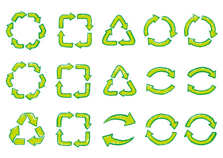 Illustration set of recycling symbols drawn with brush and India ink.のイラスト素材