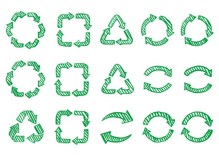 Illustration set of recycling symbols drawn with brush and India ink.のイラスト素材