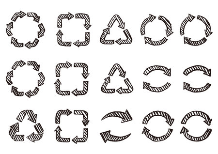Illustration set of recycling symbols drawn with brush and India ink.のイラスト素材