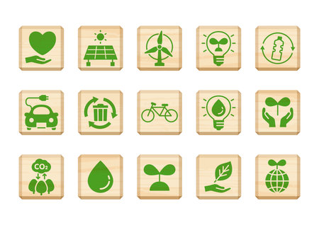 Illustration of a sustainable environment icons on Wooden blocks.のイラスト素材