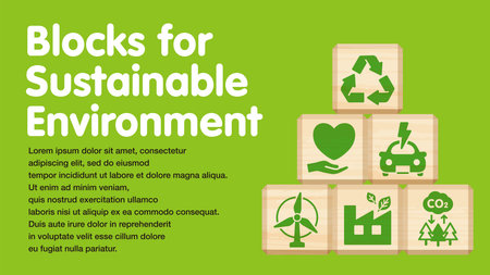 Background Illustration of a sustainable environment icons on wooden blocks. 16:9 ratio.のイラスト素材
