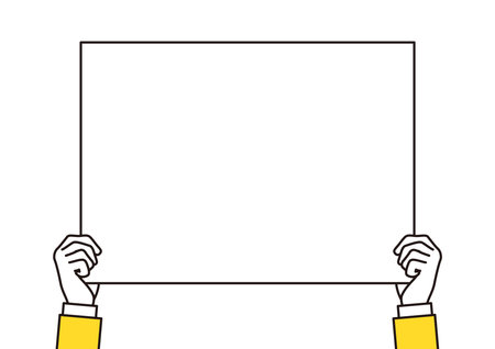 Hands holding empty white placard or board vector illustration.のイラスト素材